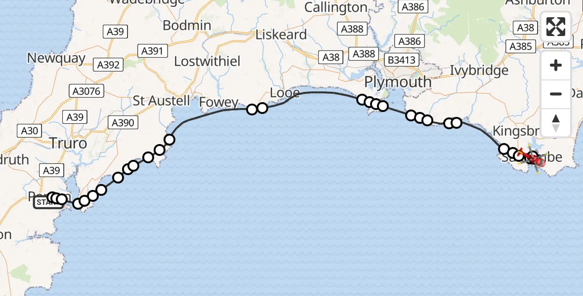 Flight path map showing Air Ambulance Helicopter route from Budock Water to East Portlemouth