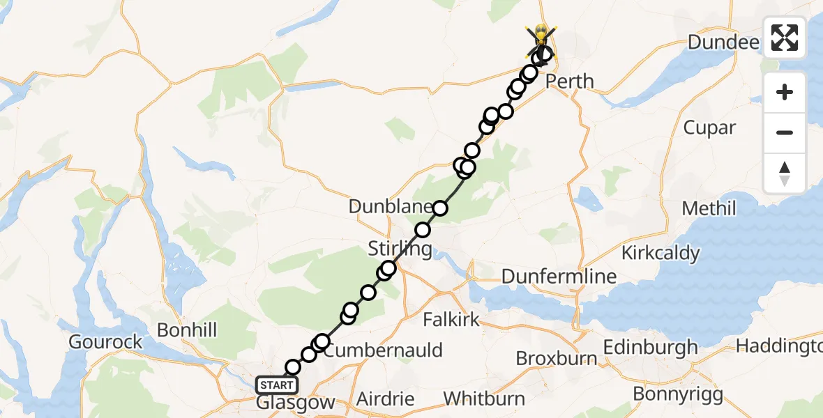 Flight path map showing Police Helicopter route from Glasgow to Perth