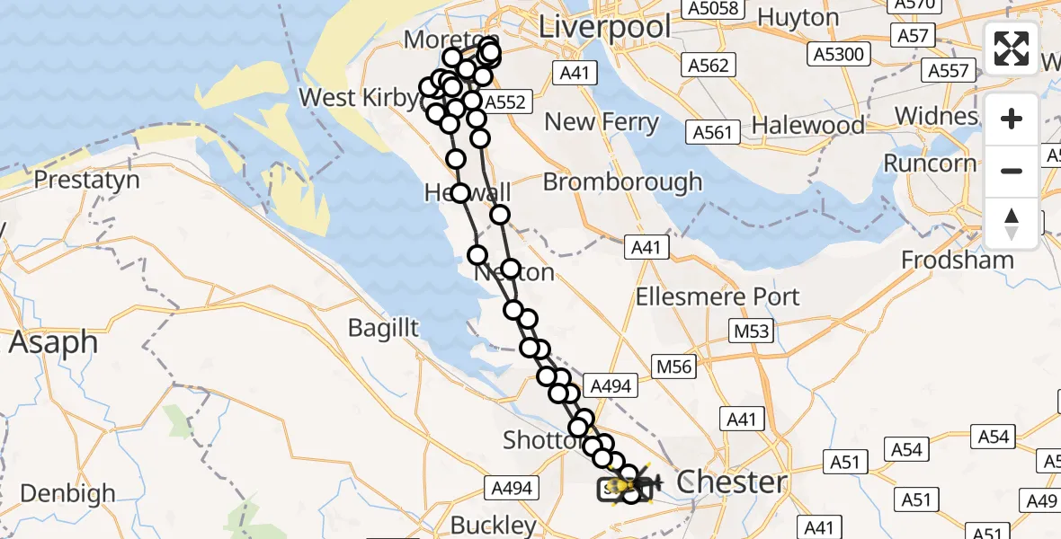 Flight path map showing Police Helicopter route from Hawarden Airport to Saltney Ferry