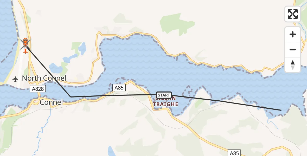 Flight path map showing Coastguard Helicopter route from Connel to Oban Airport