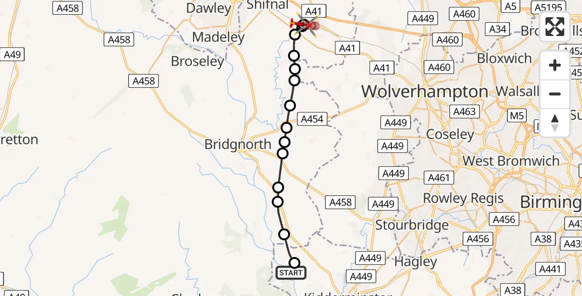 Routekaart van de vlucht: Air Ambulance Helicopter to Cosford, Airbase Avenue