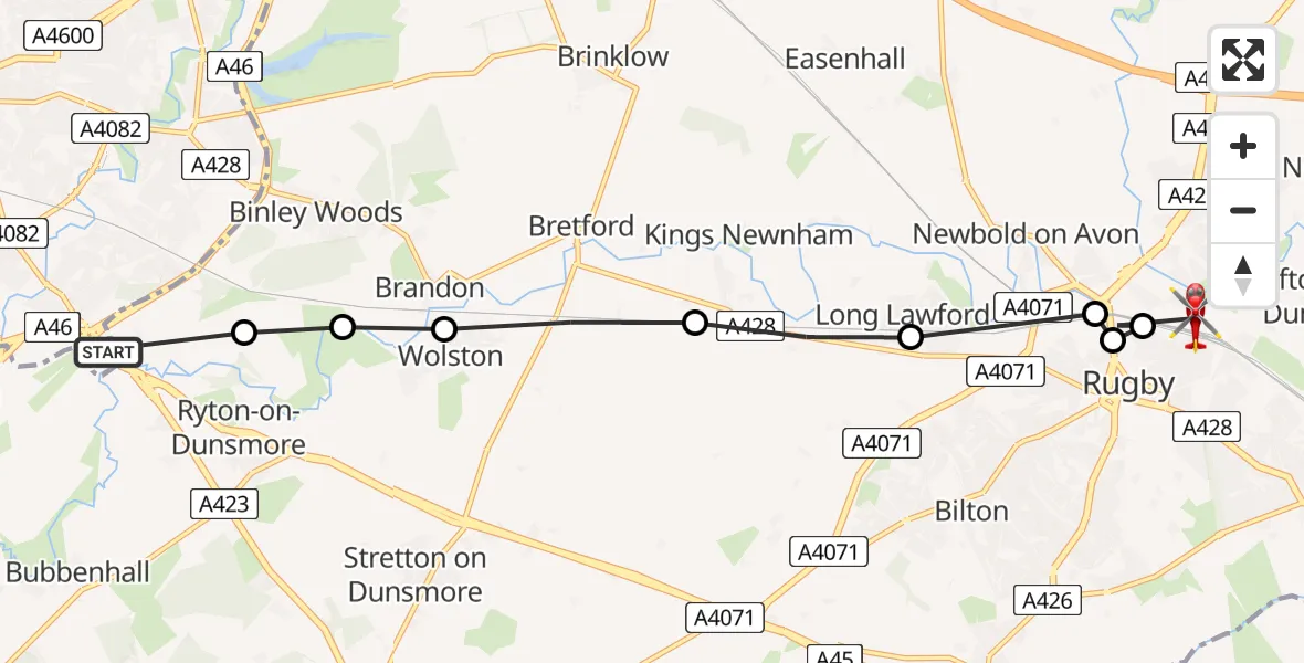 Flight path map showing Air Ambulance Helicopter route from Coventry Airport to Rugby
