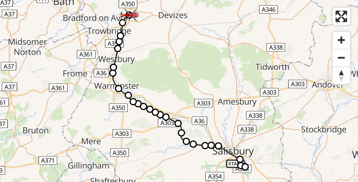 Flight path map showing Air Ambulance Helicopter route from Salisbury District Hospital to Melksham