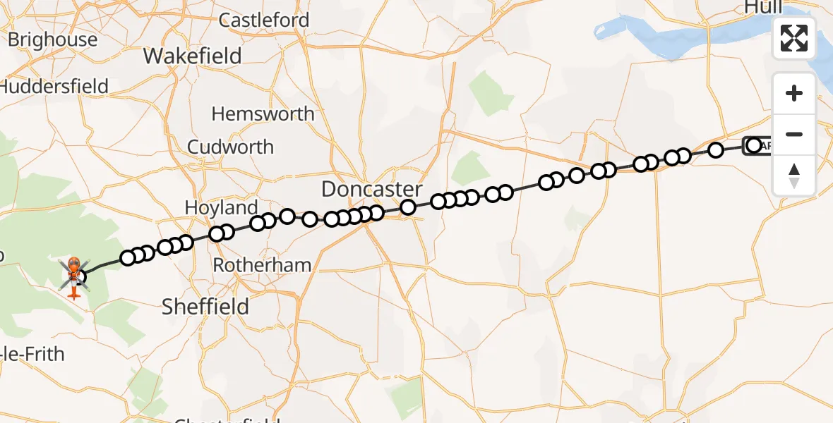 Flight path map showing Coastguard Helicopter route from Humberside Airport to High Peak