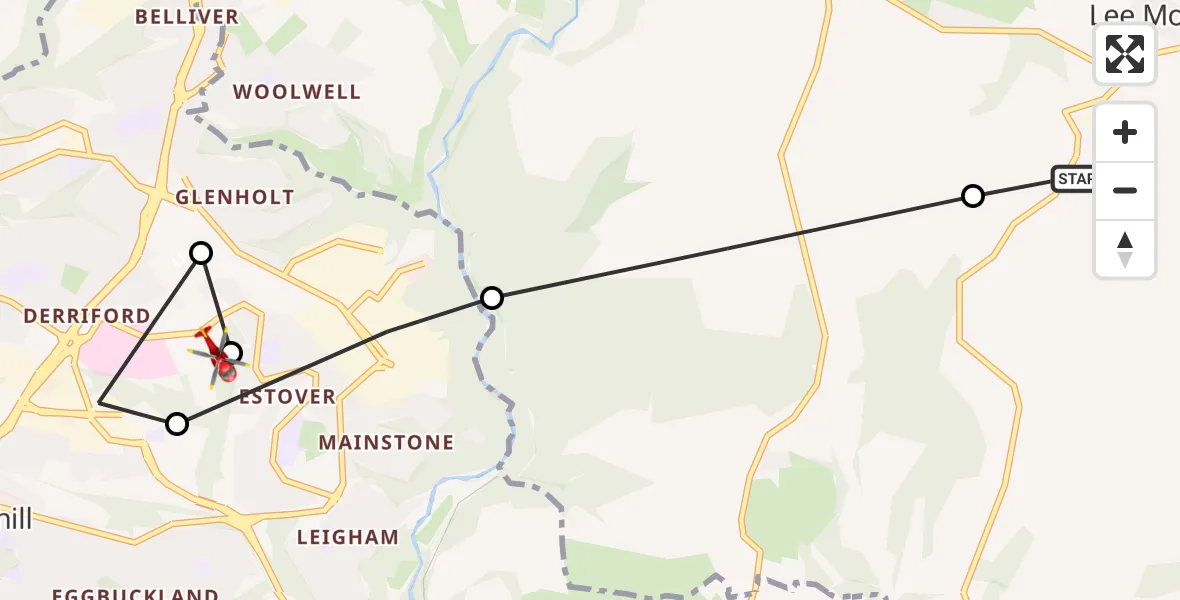 Flight path map showing Air Ambulance Helicopter route from Lee Moor to Plymouth