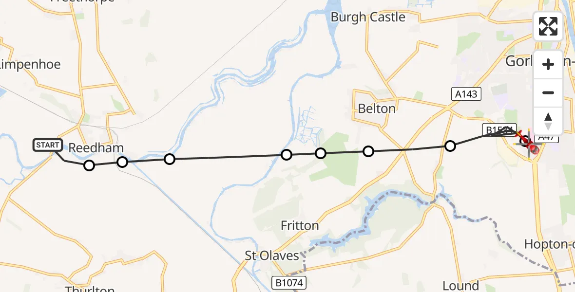 Routekaart van de vlucht: Air Ambulance Helicopter to James Paget Hospital