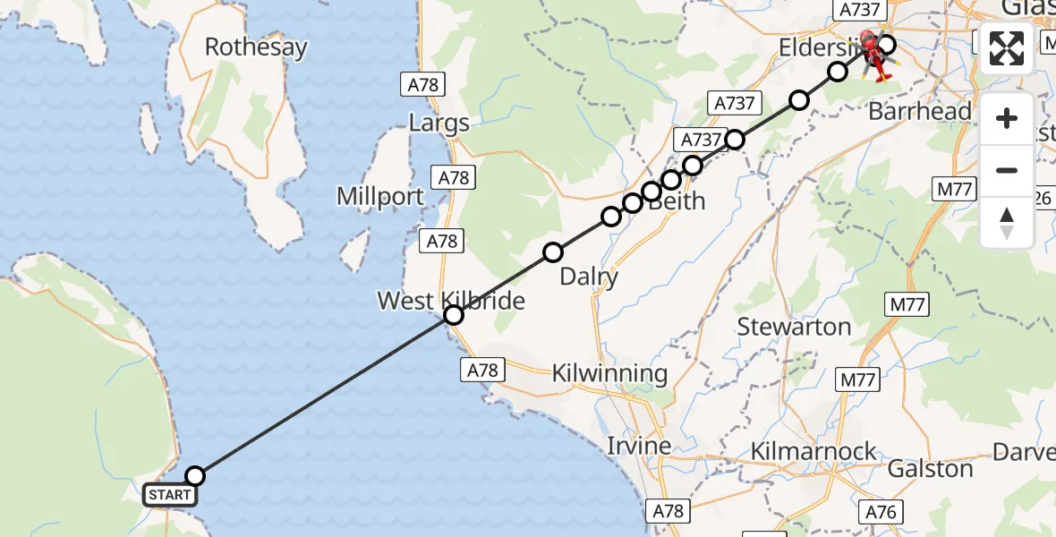 Flight path map showing Air Ambulance Helicopter route from Brodick to Royal Alexandria Hospital Paisley