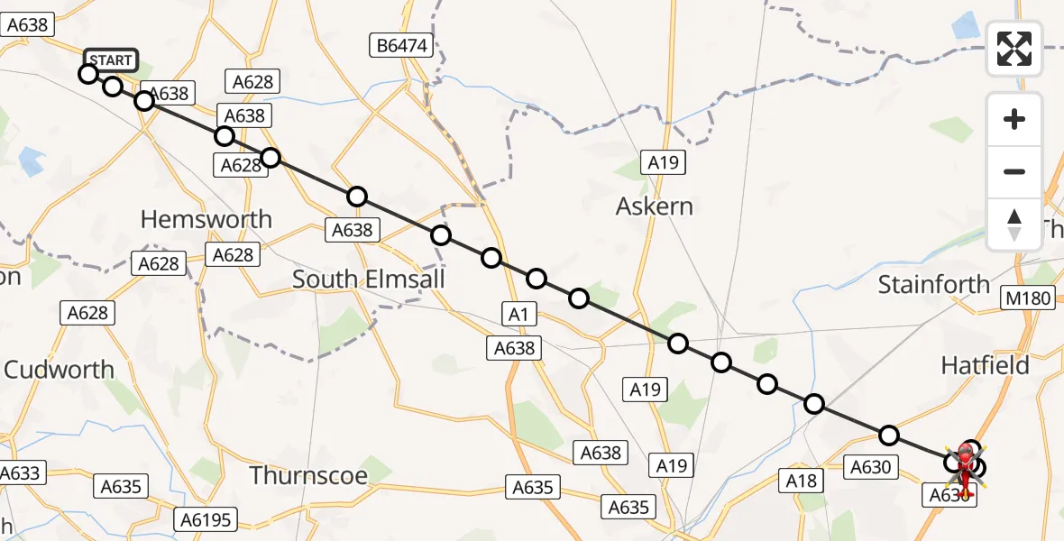 Flight path map showing Air Ambulance Helicopter route from YAA Nostell Helicopter Port to Old Cantley