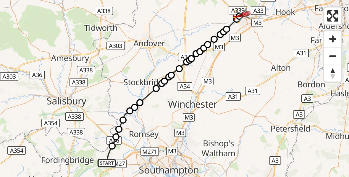 Flight path map showing Air Ambulance Helicopter route from Bramshaw to Basingstoke