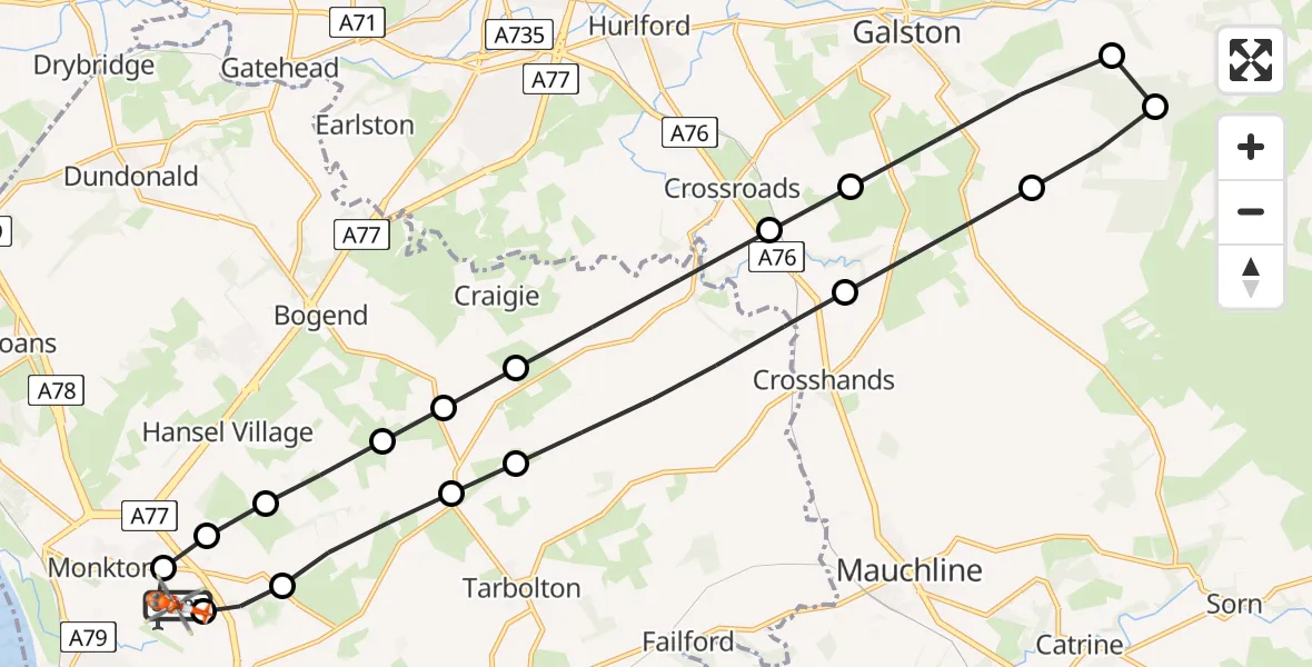 Flight path map showing Coastguard Helicopter route from Glasgow Prestwick Airport to Glasgow Prestwick Airport