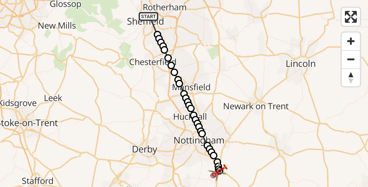 Flight path map showing Air Ambulance Helicopter route from Sheffield to Nottingham Heliport