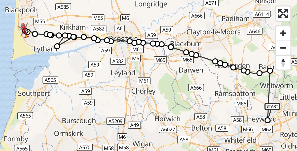 Flight path map showing Air Ambulance Helicopter route from Rochdale to Blackpool Airport