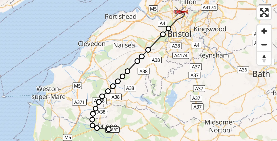 Flight path map showing Air Ambulance Helicopter route from Cheddar to Bristol