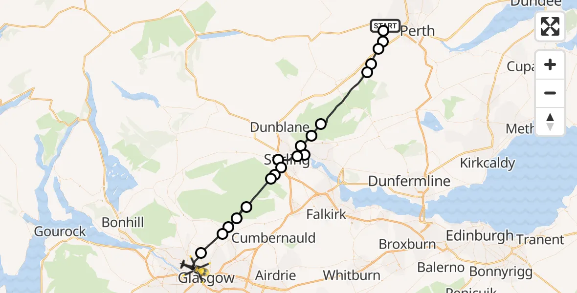 Flight path map showing Police Helicopter route from Almondbank to Glasgow
