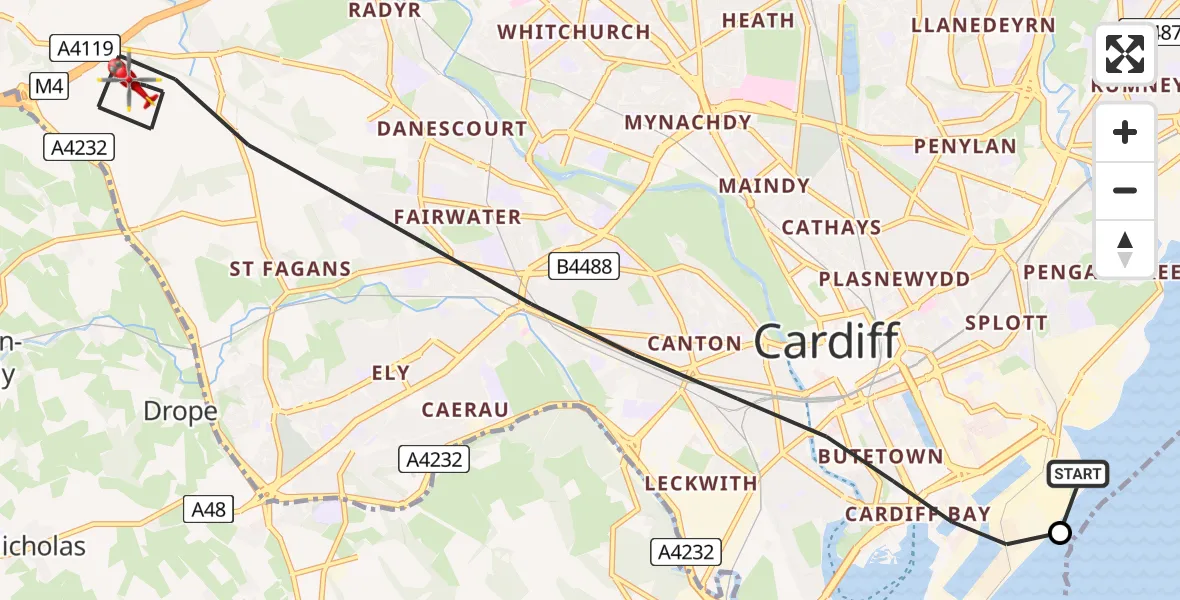 Routekaart van de vlucht: Air Ambulance Helicopter to Cardiff, Llantrisant Road