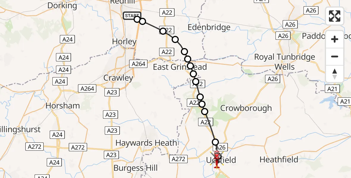 Flight path map showing Air Ambulance Helicopter route from Redhill Aerodrome to Uckfield