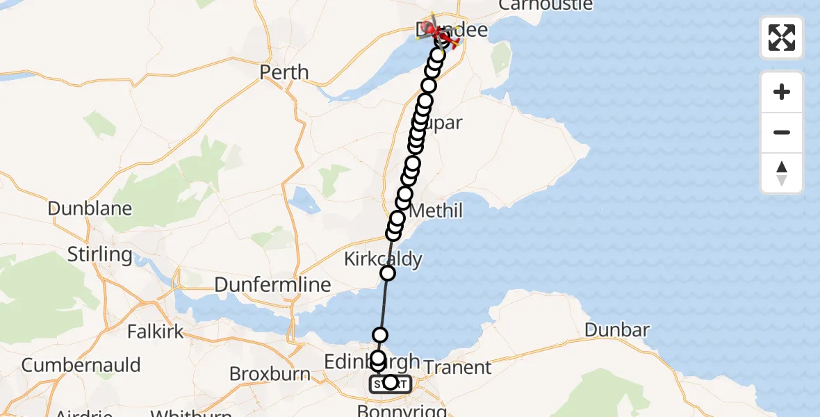 Flight path map showing Air Ambulance Helicopter route from RIE Rooftop to Dundee