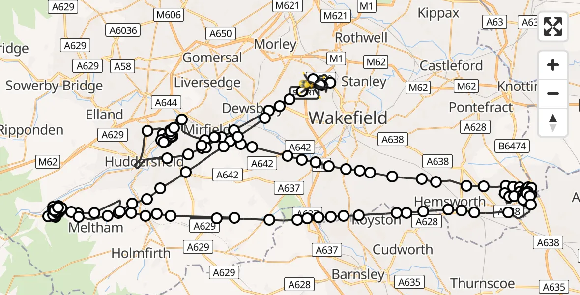 Flight path map showing Police Helicopter route from Woodkirk to East Ardsley