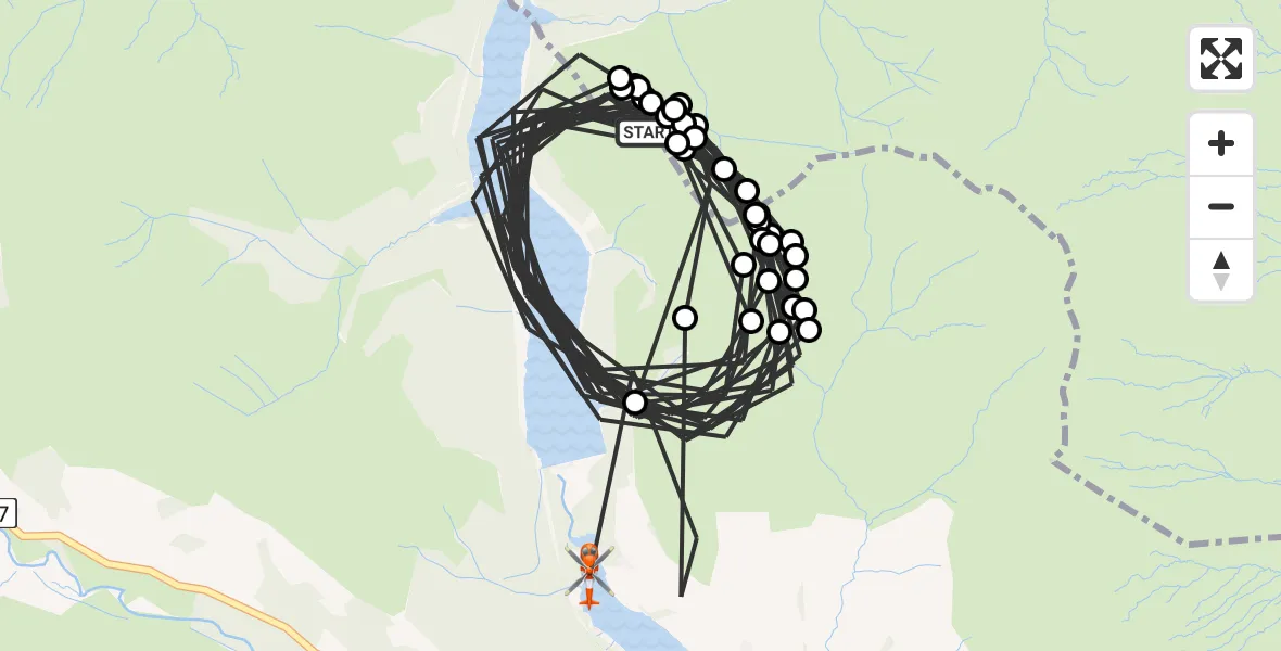 Flight path map showing Coastguard Helicopter route from Sheffield to Ladybower Reservoir