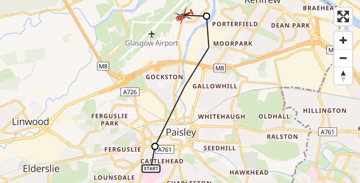 Flight path map showing Air Ambulance Helicopter route from Royal Alexandria Hospital Paisley to Renfrew