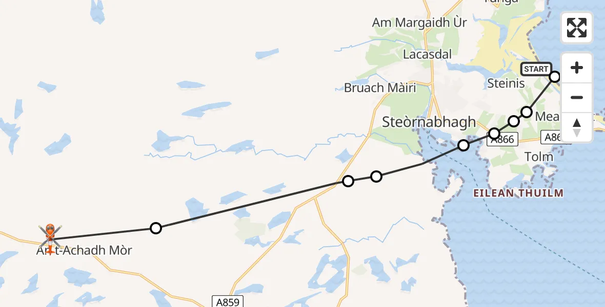 Flight path map showing Coastguard Helicopter route from Stornoway Airport to An t-Achadh Mòr