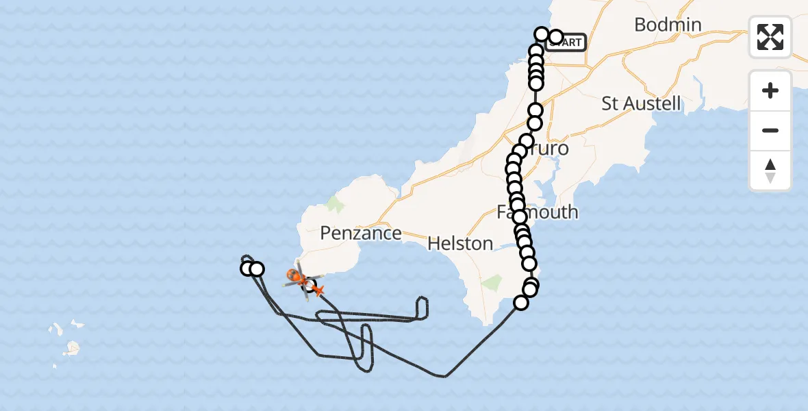 Flight path map showing Coastguard Helicopter route from Cornwall Airport Newquay to Porthcurno