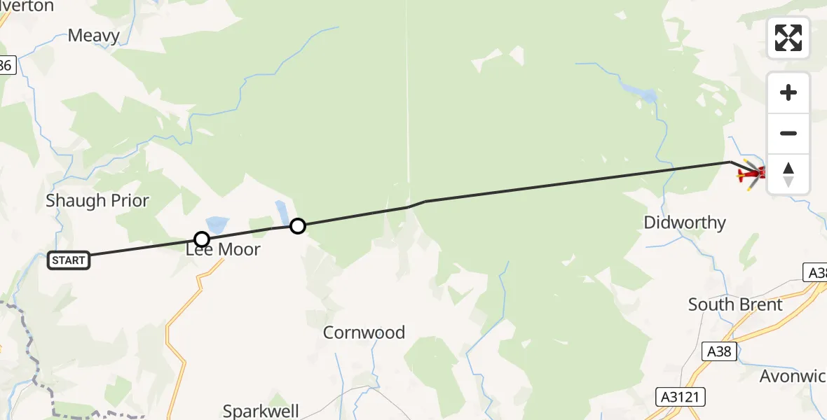 Flight path map showing Air Ambulance Helicopter route from Bickleigh to South Hams
