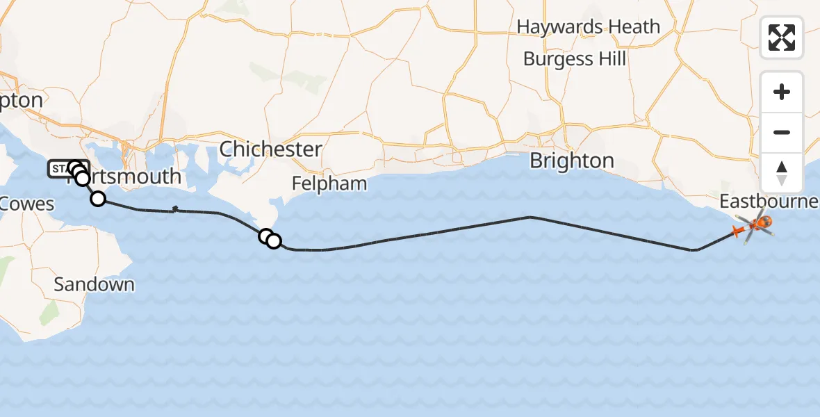 Flight path map showing Coastguard Helicopter route from Solent Airport to English Channel