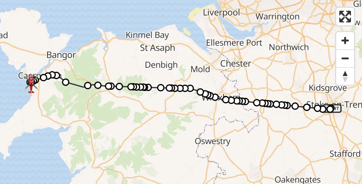 Flight path map showing Air Ambulance Helicopter route from University Hospital North Staffs to Caernarfon Airport