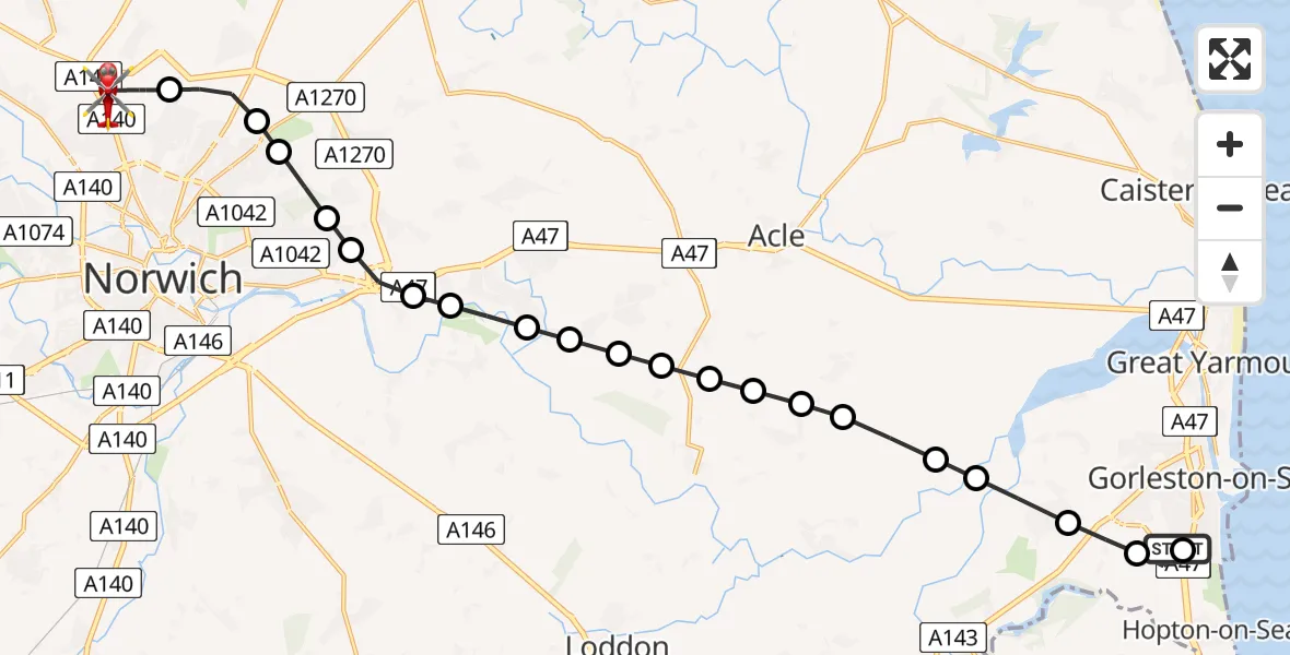 Flight path map showing Air Ambulance Helicopter route from James Paget Hospital to Norwich Airport
