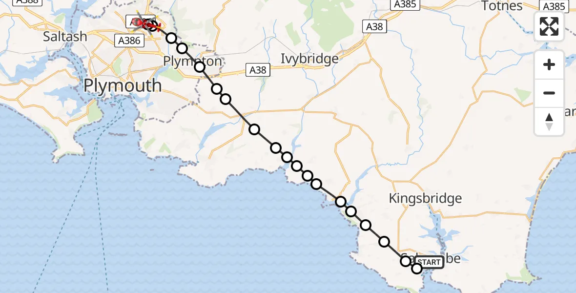 Flight path map showing Air Ambulance Helicopter route from East Portlemouth to Derriford Hospital