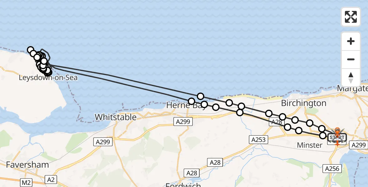 Flight path map showing Coastguard Helicopter route from Manston Airport to Manston Airport