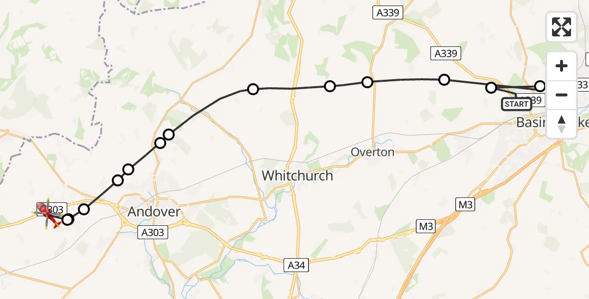 Flight path map showing Air Ambulance Helicopter route from Basingstoke to Thruxton