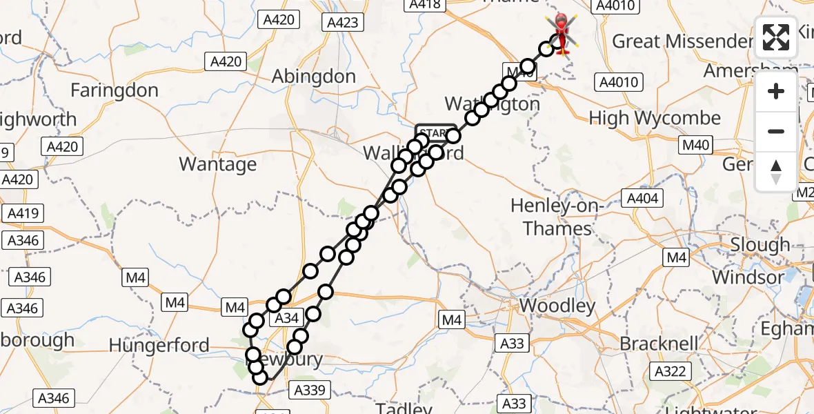 Flight path map showing Air Ambulance Helicopter route from RAF Benson to Chinnor