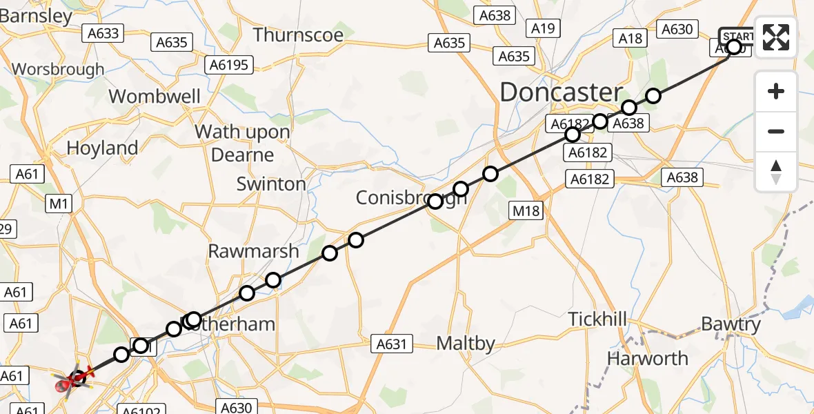 Flight path map showing Air Ambulance Helicopter route from Old Cantley to Sheffield Northern Hospital