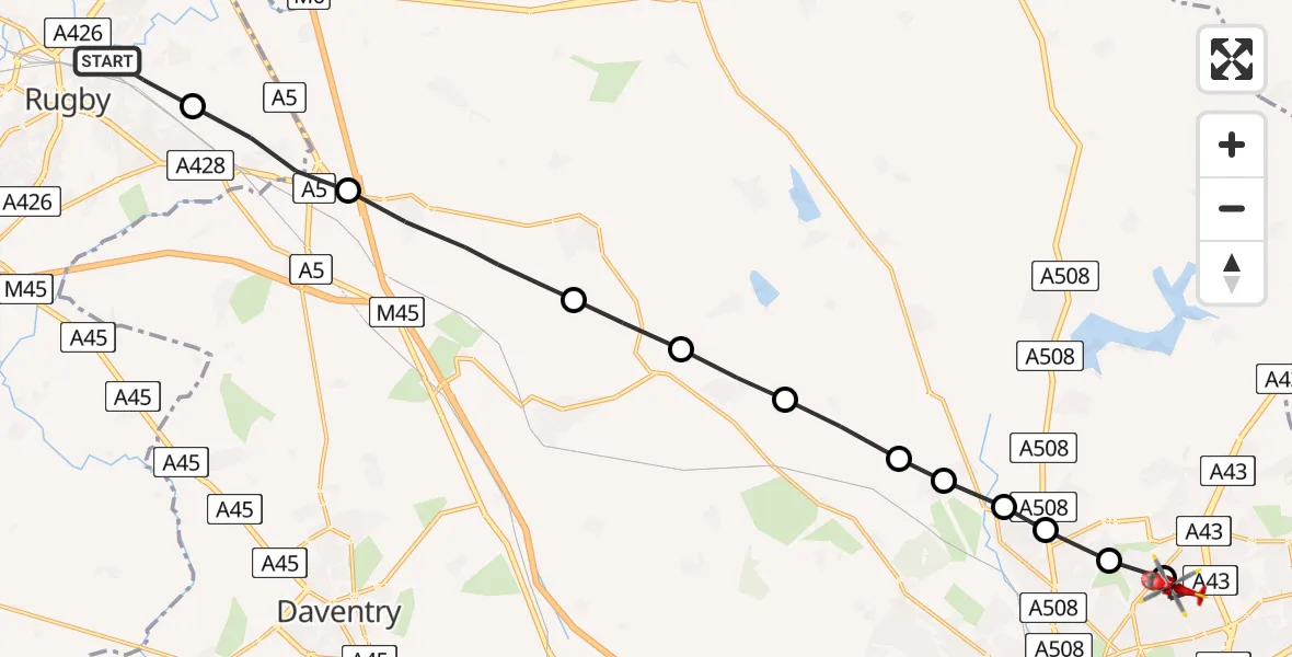 Flight path map showing Air Ambulance Helicopter route from Rugby to Northampton
