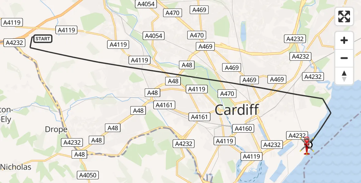 Flight path map showing Air Ambulance Helicopter route from Cardiff to Cardiff Heliport