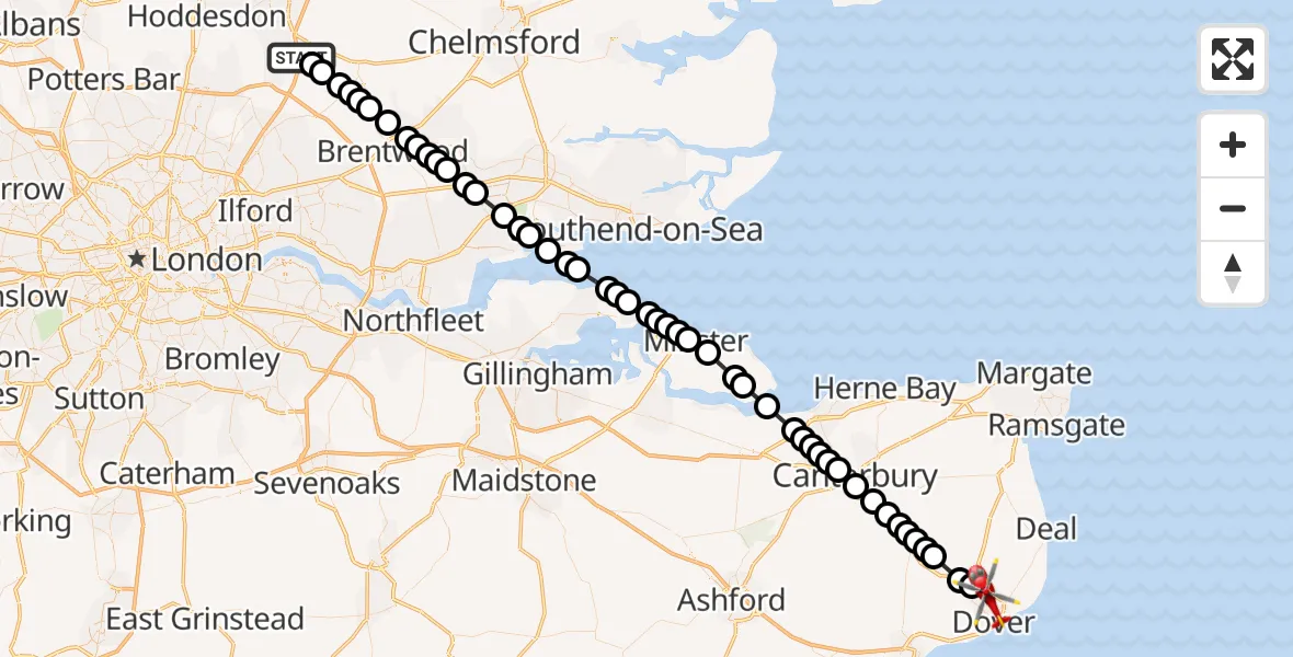 Flight path map showing Air Ambulance Helicopter route from North Weald Airfield to Whitfield