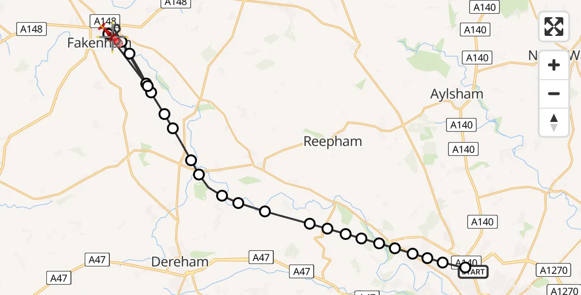 Flight path map showing Air Ambulance Helicopter route from Norwich Airport to Fakenham
