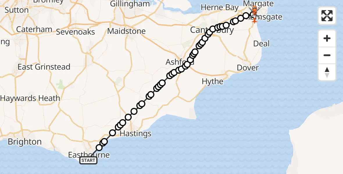 Flight path map showing Coastguard Helicopter route from Eastbourne to Manston Airport