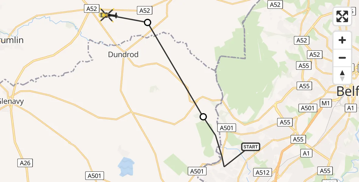 Flight path map showing Police Helicopter route from Belfast to Antrim and Newtownabbey District