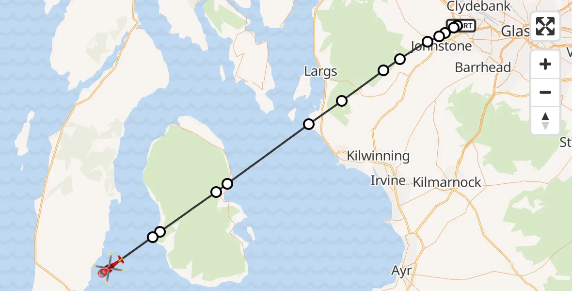 Flight path map showing Air Ambulance Helicopter route from Paisley to Inner Seas