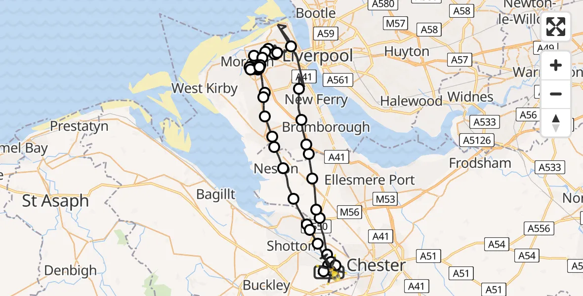 Flight path map showing Police Helicopter route from Hawarden Airport to Saltney Ferry