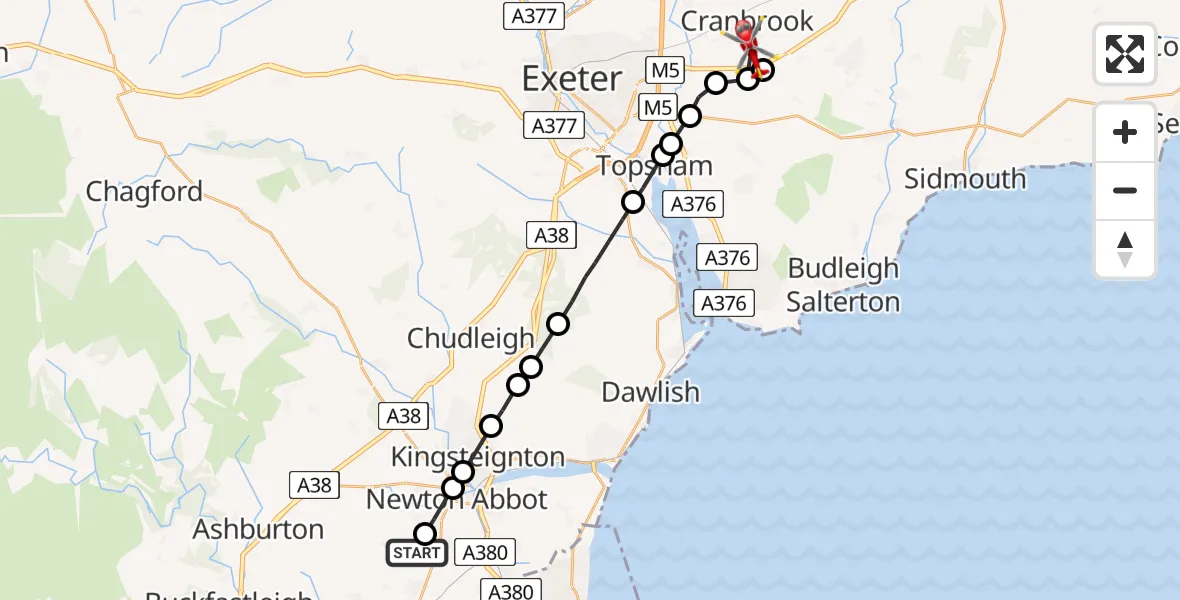 Flight path map showing Air Ambulance Helicopter route from Denbury to Rockbeare