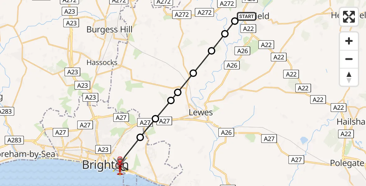 Flight path map showing Air Ambulance Helicopter route from Uckfield to Brighton