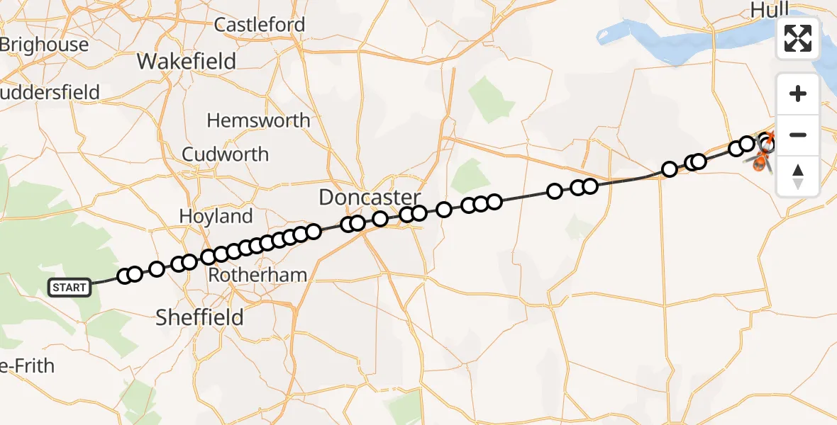 Flight path map showing Coastguard Helicopter route from Sheffield to Humberside Airport