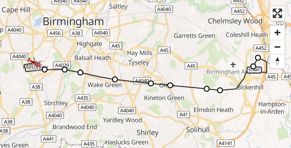 Flight path map showing Air Ambulance Helicopter route from Bickenhill to Metchley