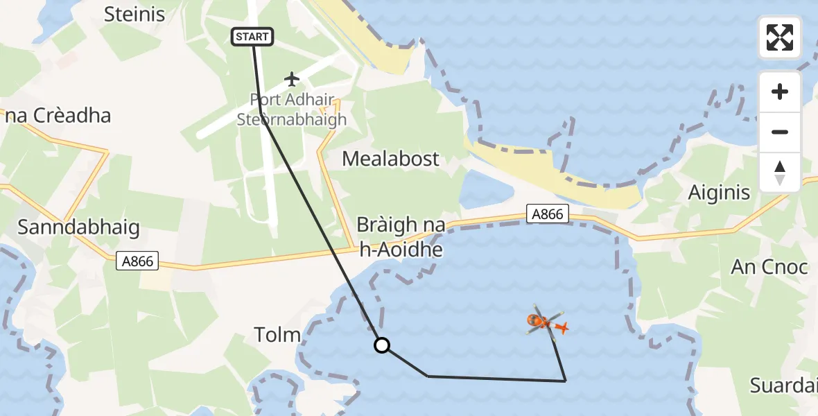 Flight path map showing Coastguard Helicopter route from Stornoway Airport to Inner Seas