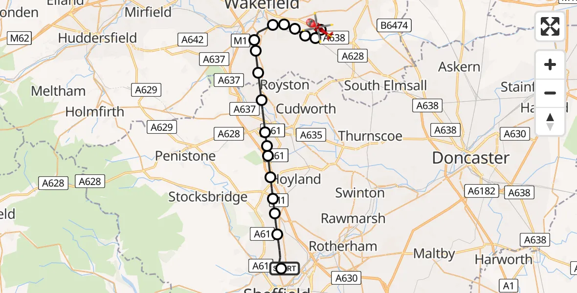 Flight path map showing Air Ambulance Helicopter route from Sheffield Northern Hospital to YAA Nostell Helicopter Port