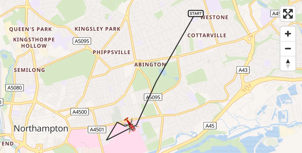 Flight path map showing Air Ambulance Helicopter route from Northampton to Northampton